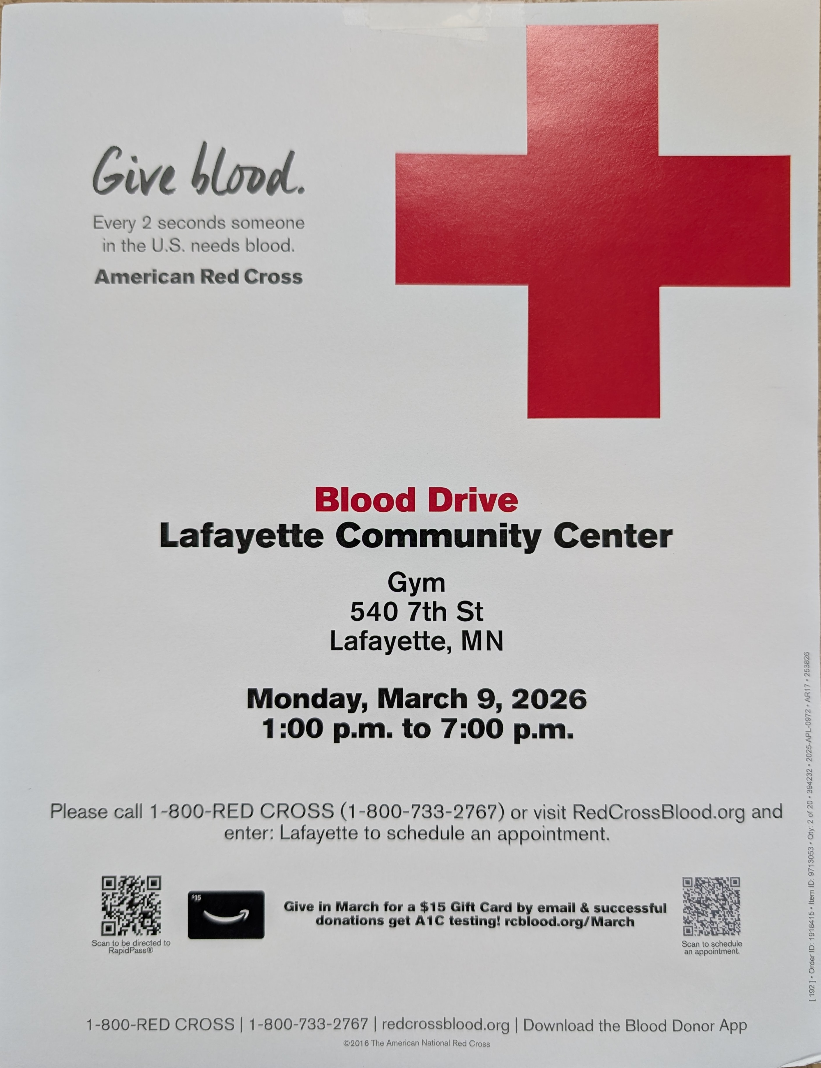 Red Cross logo with information about blood drive